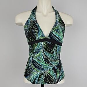 Speedo Women's Halter One Piece Swimsuit Full Bacl Green Black Padded Size 10